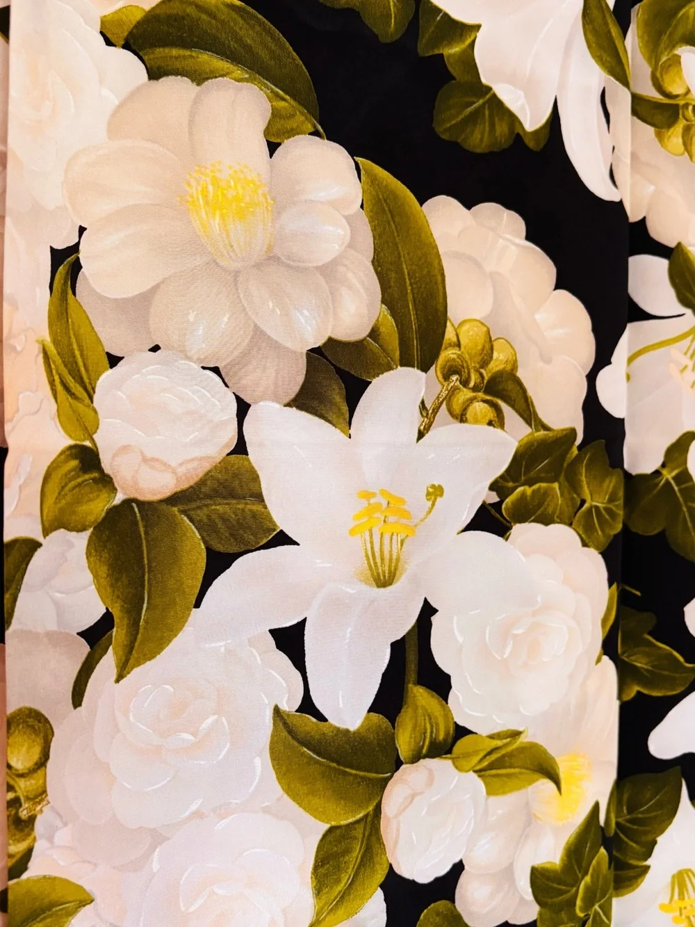 CHANEL Black 100% Silk Scarf with White Floral Motif 38” x 38”